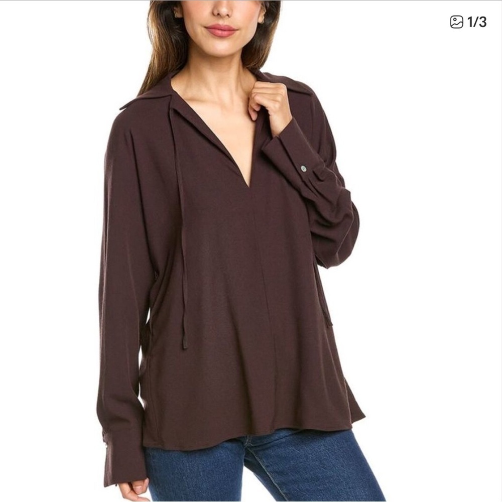 Vince Tie Neck Collar Wool-Blend Blouse Large Plum Wine